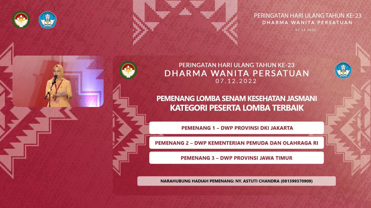 Penasihat DWP Kemenpora Hadiri HUT Dharma Wanita Persatuan ke-23, DWP Kemenpora Raih Juara II Lomba SKJ